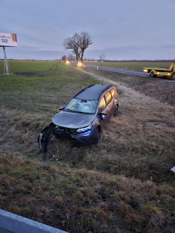 Kierujący dacią dachował w rowie. Wypadek na DK12 niedaleko Borku