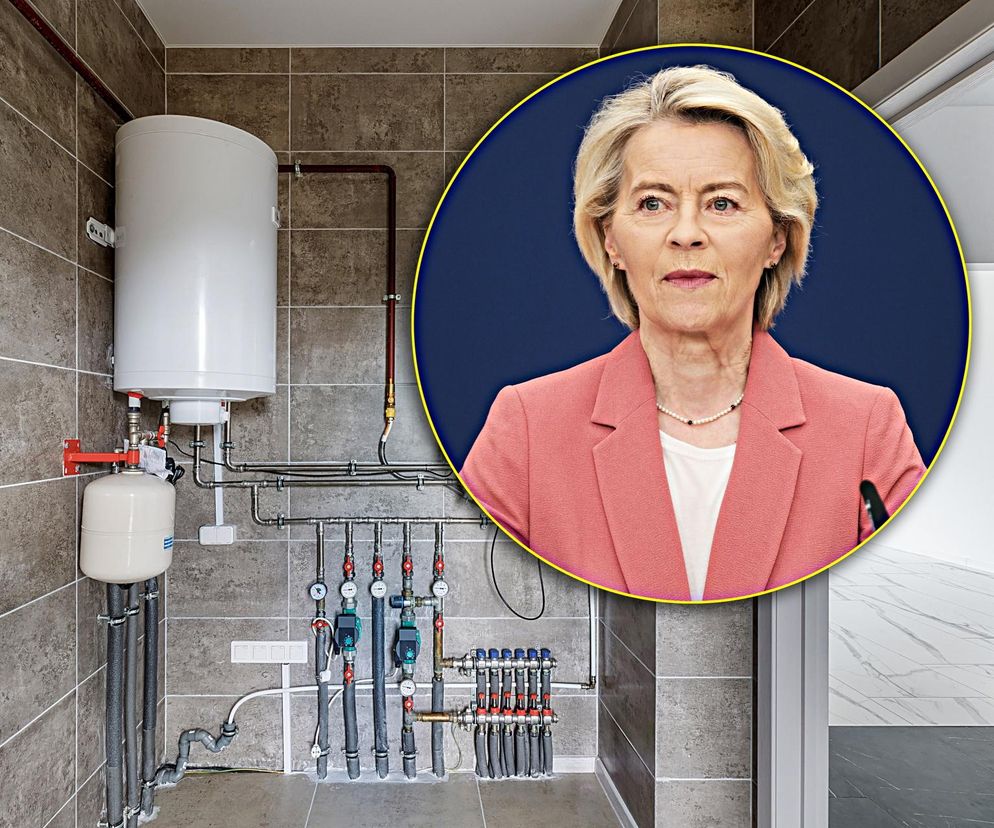 Piec gazowy z rozbudowaną instalacją w pomieszczeniu wyłożonym kafelkami. U góry, w kółku, wizerunek Ursuli von der Leyen. Artykuł Super Biznes omawia dyrektywę EPBD i przyszłość ogrzewania gazowego w UE, rozwiewając mity o zakazach.