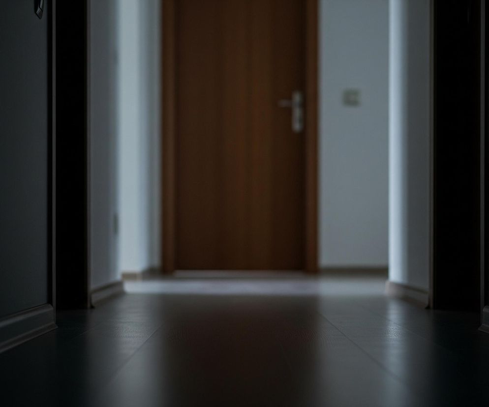 Długi, ciemny korytarz prowadzi do rozmytego, jasnego obszaru z brązowymi drzwiami na wprost. Ściany boczne korytarza są bardzo ciemne, prawie czarne, z widocznymi ciemnymi listwami przypodłogowymi w dolnej części. Podłoga w korytarzu jest ciemnobrązowa, błyszcząca, odbijająca słabe światło z końca przejścia. Na końcu korytarza, za progiem, znajduje się jasna, biała ściana obok wspomnianych brązowych drzwi z niewyraźną, srebrną klamką.