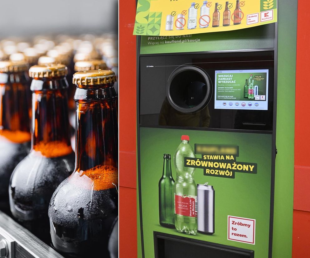 Butelki piwa na taśmie produkcyjnej obok automatu do odbioru butelek w systemie kaucyjnym, z informacjami o zrównoważonym rozwoju. Na Super Biznes przeczytasz o sporze między gigantami piwnymi, a systemem kaucyjnym.