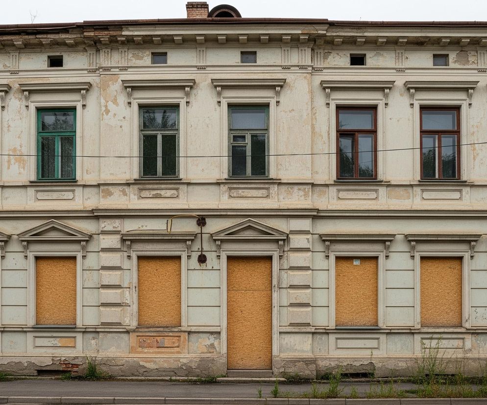 Centralnym elementem obrazu jest duża, dwupiętrowa kamienica o zniszczonej elewacji w kolorze jasnobeżowym, z widocznymi ubytkami tynku. Górne piętro posiada osiem okien, cztery z zielonymi ramami po lewej stronie i cztery z brązowymi ramami po prawej, wszystkie z szybami odbijającymi otoczenie. Na dolnym piętrze znajduje się osiem otworów okiennych i drzwiowych, z których każdy jest zabity deskami o jasnym, drewnianym kolorze, a niektóre okna mają ozdobne obramowania z trójkątnymi frontonami. Wzdłuż lewej krawędzi budynku biegnie metalowa rynna, a przed kamienicą rozciąga się chodnik z fragmentami trawy i widocznymi pęknięciami.