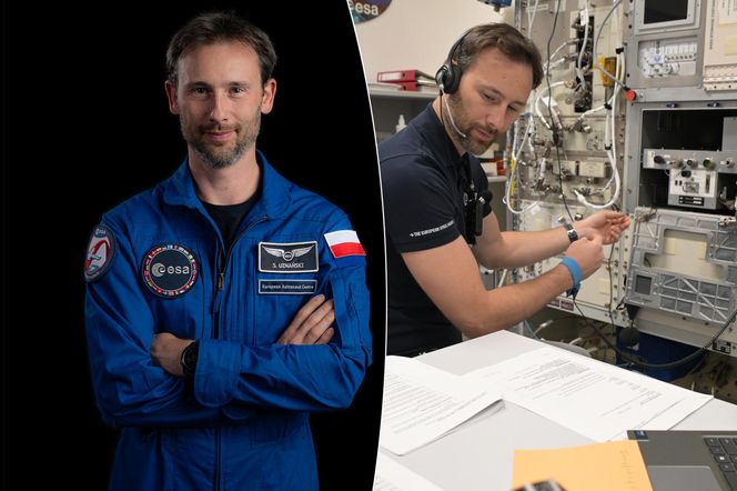 Oficjalny portret Sławosza Uznańskiego-Wiśniewskiego w kombinezonie astronauty ESA z polską flagą oraz podczas pracy w symulatorze ISS