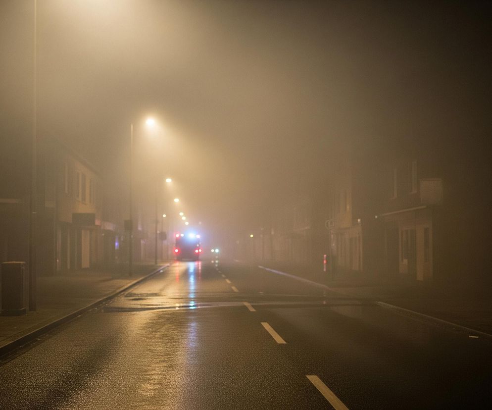 Ulicę miejską w nocy spowija gęsta mgła, rozpraszająca światło latarni i reflektorów. Mokra nawierzchnia jezdni odbija blask miejskich świateł, tworząc wydłużone refleksy w ciepłych odcieniach żółci i pomarańczy. W oddali, w centrum kadru, widoczne są czerwone światła tylne pojazdu, być może autobusu lub ciężarówki, oraz dwie jasne, białe lampy, prawdopodobnie reflektory nadjeżdżającego samochodu, przebijające się przez zamglone powietrze. Po obu stronach ulicy stoją budynki, częściowo widoczne w ciemności i zamgleniu, z kilkoma oświetlonymi oknami oraz ulicznymi lampami rozjaśniającymi mgłę powyżej.