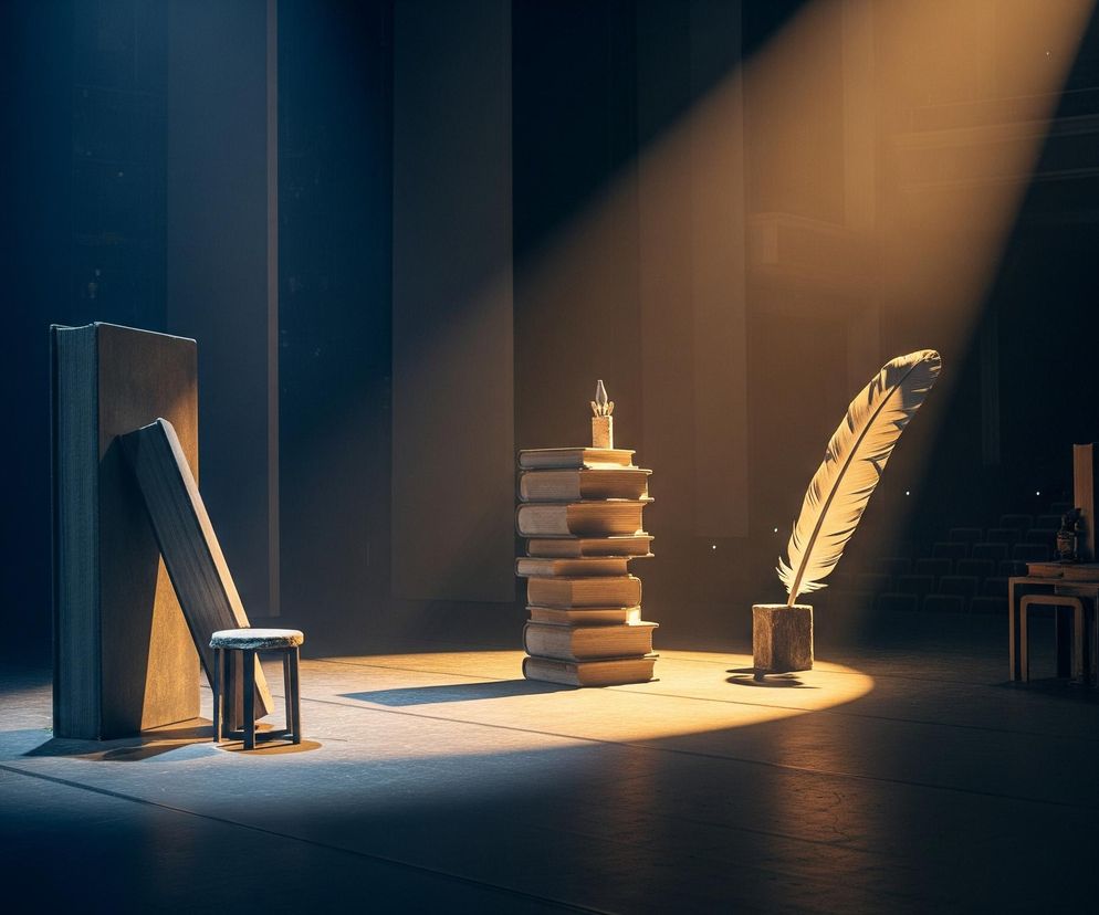 Na ciemnej scenie, oświetlonej mocnym, ciepłym snopem światła padającym z góry po prawej, znajdują się różne przedmioty. Z lewej strony stoi wysoka, szeroka książka w jasnej oprawie, oparta o pionową, szarą ścianę, a obok niej mały, okrągły stołek z drewnianymi nogami. Pośrodku sceny, w miejscu najjaśniej oświetlonym, leży stos dziesięciu książek z jasnymi, spłowiałymi oprawami, a na szczycie stosu mała, szklana figurka przypominająca płomień. Obok stosu książek, w drewnianym kałamarzu, tkwi duże, białe pióro, skierowane ku górze i w prawo. Dalej na prawo, w głębi sceny, stoją trzy zagnieżdżone drewniane stoliki, na których leży ciemna figurka, a za nimi widać rzędy pustych siedzeń widowni.