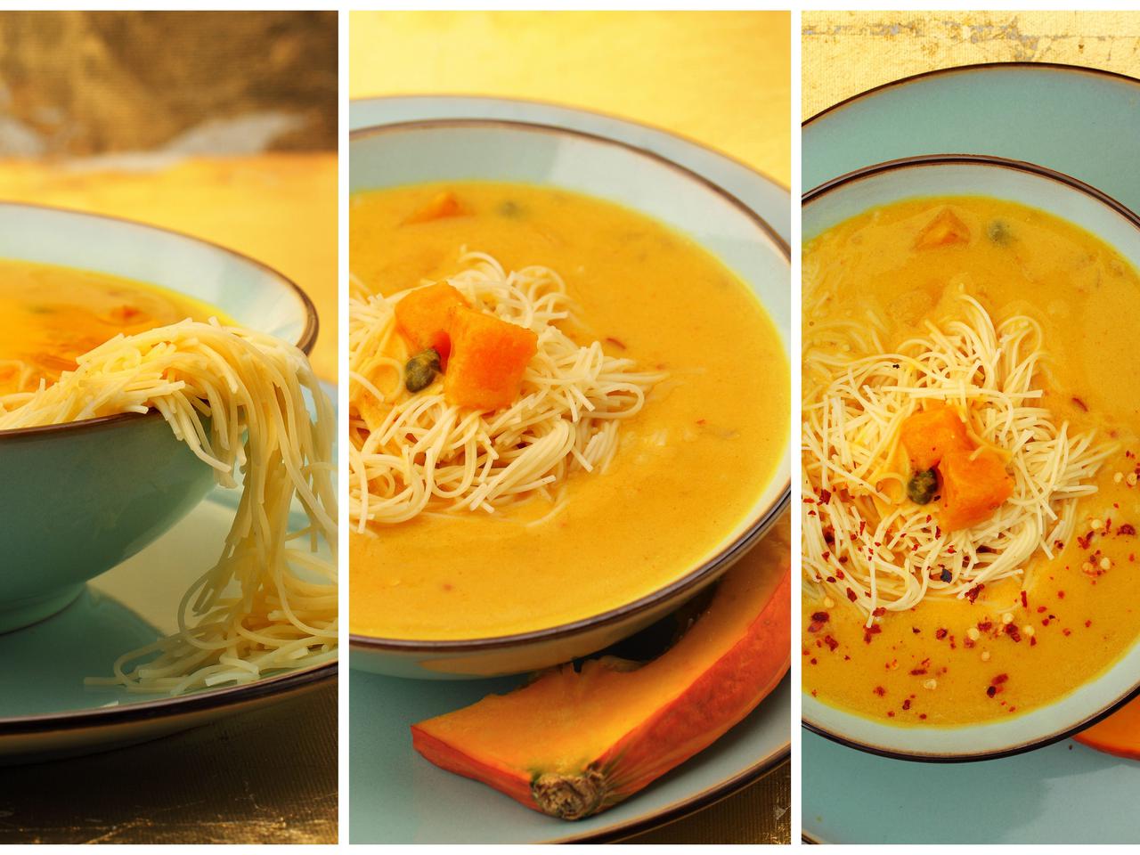 Rozgrzewająca zupa dyniowa z kaparami, chili i makaronem