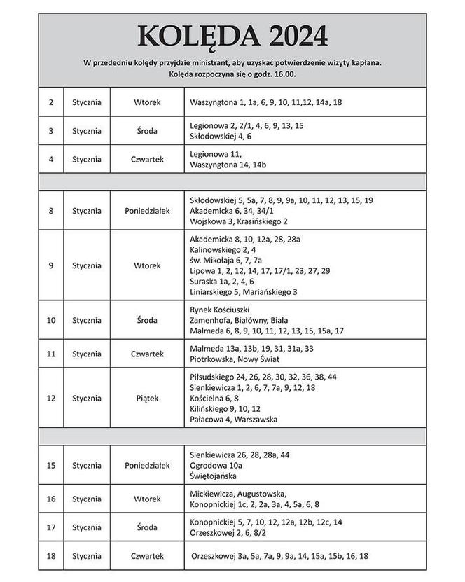 Harmonogram Kolędy w parafii pw. Wniebowzięcia NMP (Katedra)