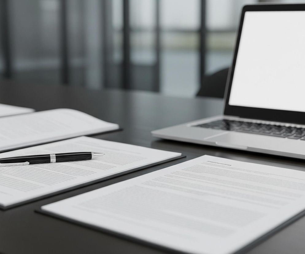 Na ciemnym, drewnianym biurku leżą dokumenty i laptop. Z przodu, w prawym dolnym rogu, widoczna jest pojedyncza kartka z tekstem. Pośrodku znajduje się otwarty dokument z tekstem, na którym leży elegancki, czarny długopis ze srebrnymi elementami. Za nim widoczne są jeszcze dwie otwarte kartki dokumentów. Po prawej stronie, w tle, stoi otwarty laptop ze srebrną obudową i czarną klawiaturą, którego ekran świeci na biało. Tło jest rozmazane, przedstawiając niewyraźne kształty okien lub ścian z poziomymi i pionowymi liniami, sugerującymi wnętrze biurowe.