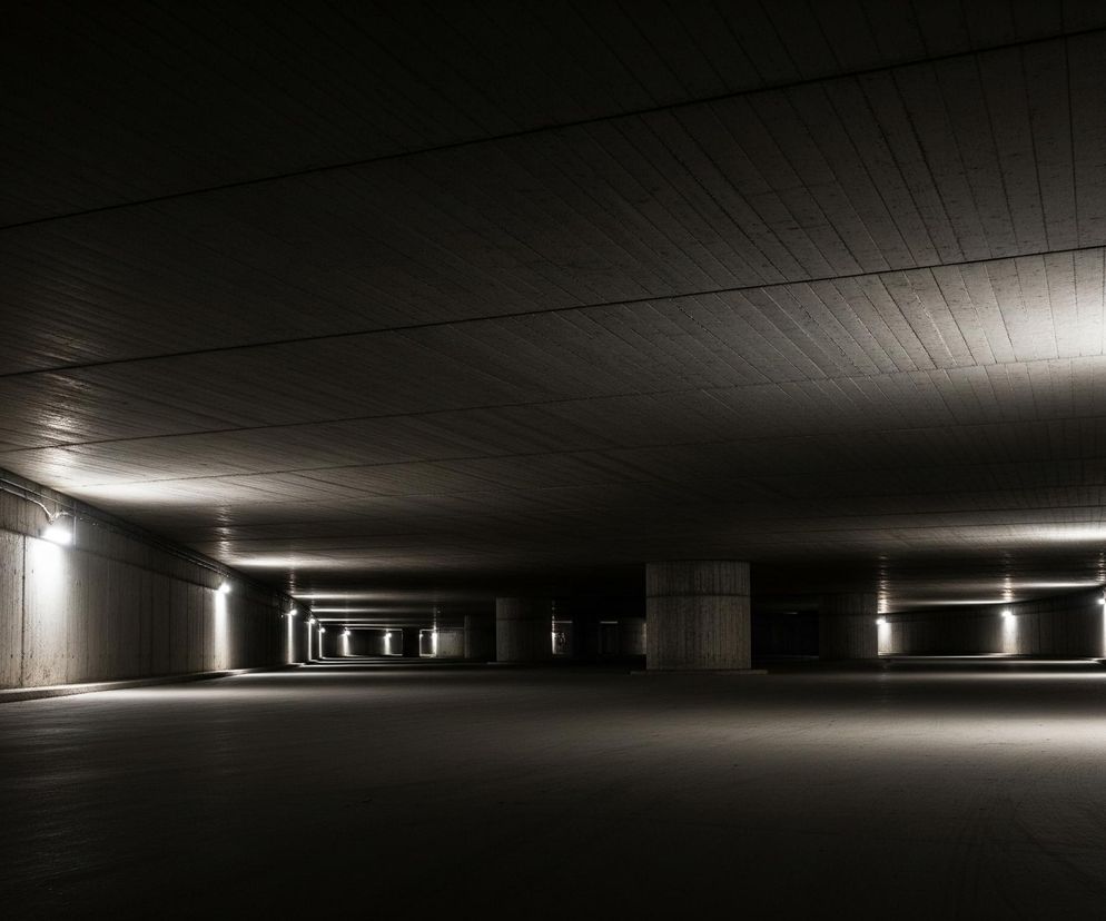 Pusta, betonowa przestrzeń rozciąga się w głąb, tworząc efekt tunelu. Po obu stronach widoczne są szare ściany, miejscami oświetlone pionowymi smugami światła pochodzącymi od lamp umieszczonych na górze. Podłoga i sufit są w podobnej, ciemnoszarej tonacji, z widocznymi poziomymi, równoległymi liniami na suficie. Światła z lewej i prawej strony tworzą jasne plamy na podłodze, które oddalają się perspektywicznie, gubiąc się w ciemności. W oddali, w centrum obrazu, zarysowują się kolejne lampy i słupy, co sugeruje kontynuację struktury.