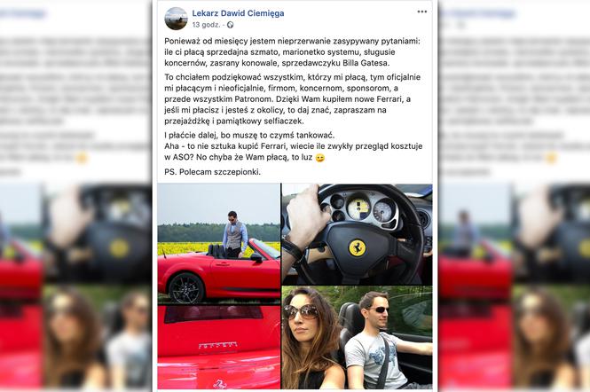 Dawid Ciemięga kupił Ferrari? Lekarz trolluje na facebooku