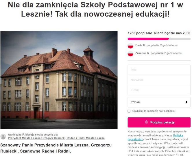 Zbiórka podpisów w sprawie Szkoły Podstawowej nr 1 w Lesznie
