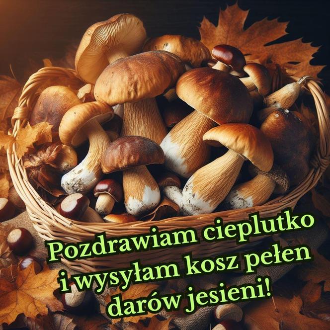 Pozdrawiam cieplutko i wysyłam kosz pełen darów jesieni. Darmowe kartki na jesień