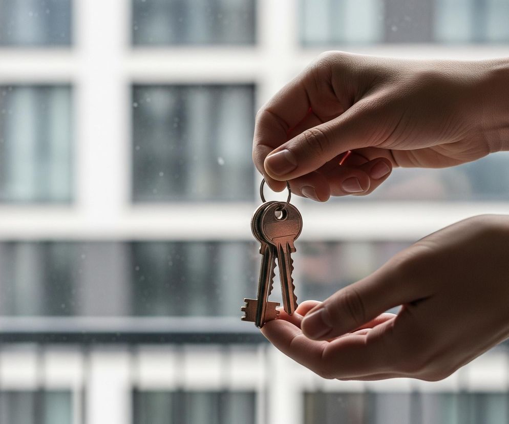 Centralnie na zdjęciu dwie dłonie trzymają pęk trzech metalowych kluczy na kółku. Klucze są w kolorze miedziano-złotym. Prawa dłoń, częściowo zakryta czarnym materiałem na rękawie, unosi klucze, podczas gdy lewa dłoń podtrzymuje je od spodu. Tło za dłońmi stanowi niewyraźny widok przez okno na nowoczesny budynek z licznymi, prostokątnymi oknami, w odcieniach szarości i bieli. Po lewej stronie kadru widoczny jest fragment szarej klamki oraz ciemnej ramy okiennej.