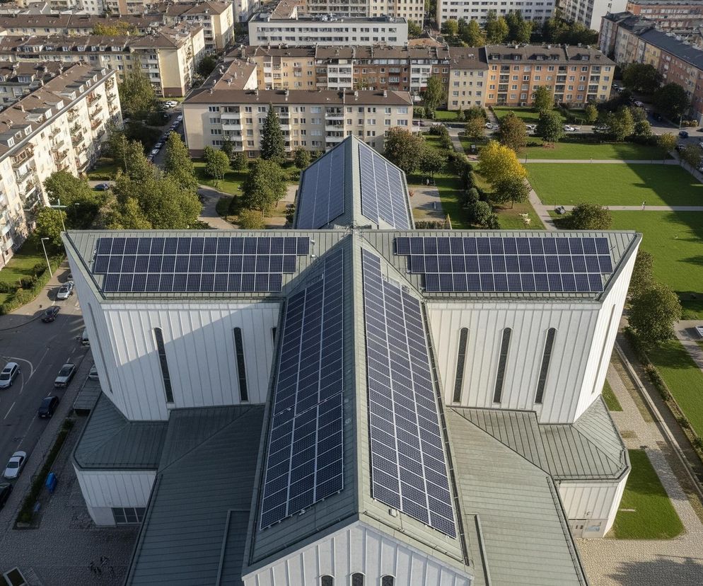 Widok z lotu ptaka na miejski krajobraz z dominującym nowoczesnym budynkiem kościoła w centrum kadru. Budynek ten posiada szare metalowe dachy, na których zainstalowano liczne panele słoneczne, ułożone w prostokątne rzędy. Otaczają go inne budynki mieszkalne o jasnych fasadach i brązowych dachach, rozciągające się w głąb obrazu, a także zielone trawniki i drzewa o jesiennym zabarwieniu liści. Poniżej kościoła widoczna jest ulica z zaparkowanymi samochodami.