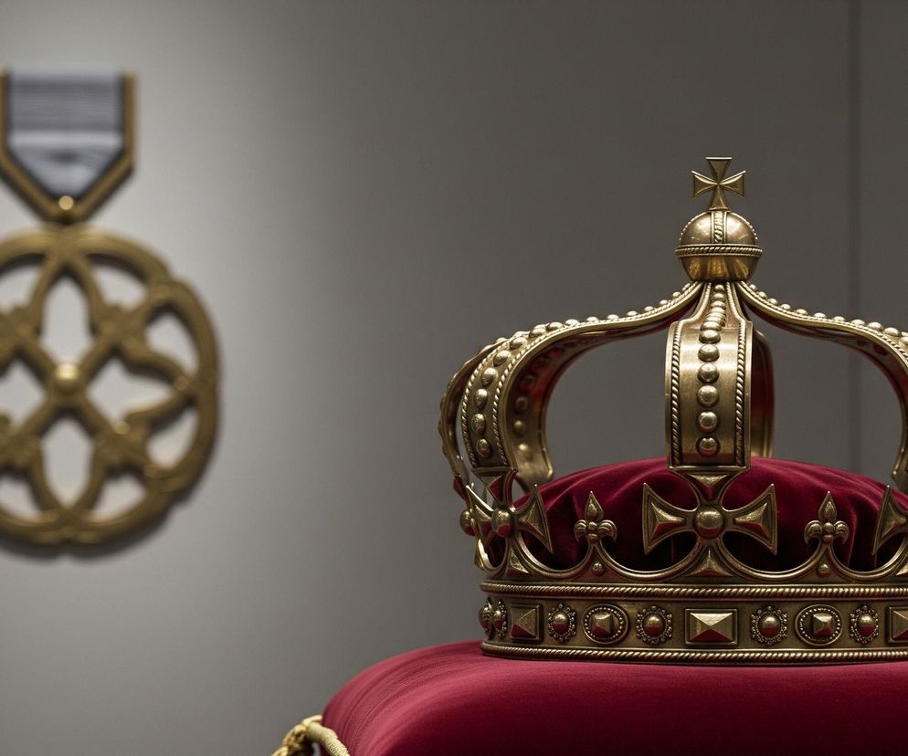 Złota korona, misternie zdobiona, spoczywa na puszystej, aksamitnej poduszce w kolorze głębokiej czerwieni, widocznej w prawym dolnym rogu. Górna część korony składa się z czterech złotych pałąków, zbiegających się ku centralnemu globowi, na którym umieszczony jest czteroramienny krzyż. Jej obręcz i pałąki są ozdobione licznymi kuleczkami, geometrycznymi wzorami i małymi krzyżami maltańskimi, a wnętrze wypełnia czerwony aksamitny materiał. W tle, po lewej stronie, widać rozmyte, złotą odznakę o złożonym wzorze z zawieszką na górze, wszystko na jednolitym, szarym tle.