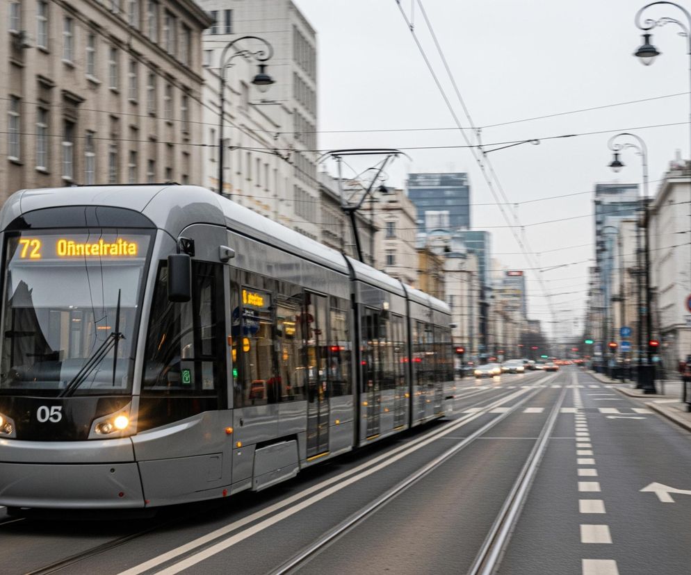 Szary tramwaj z numerem 72 i napisem Öhnelraße na wyświetlaczu czołowym oraz 05 pod szybą przednią, porusza się w prawą stronę obrazu po torach w centrum ulicy. Świecą się jego żółte światła mijania. Po obu stronach ulicy stoją wysokie, zabytkowe kamienice z licznymi oknami, a w tle widać nowoczesne wieżowce. Nad ulicą rozciąga się gęsta sieć trakcyjna i przewody elektryczne, a na poboczach rozmieszczone są latarnie uliczne o ozdobnych, zakręconych słupach.
