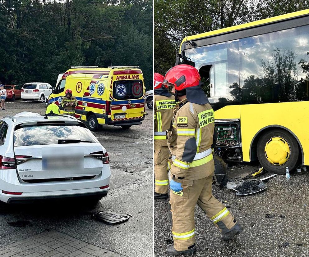 Wypadek autobusu w Karpaczu. Osobówka wjechała prosto pod jego koła. Jest wieku rannych [ZDJĘCIA].