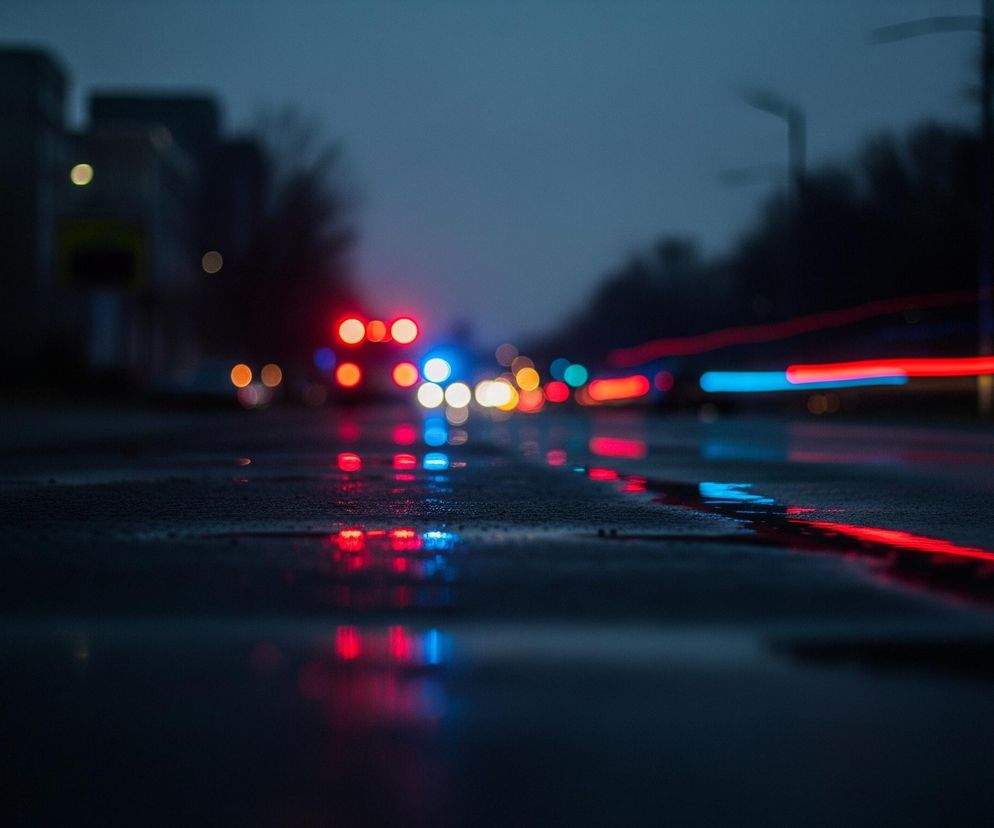 Droga w ciemnym otoczeniu stanowi główny element zdjęcia, z wyraźnymi refleksami świetlnymi na wilgotnej nawierzchni. W oddali widoczne są rozmyte światła, głównie czerwone i niebieskie, sugerujące obecność pojazdów uprzywilejowanych. Po prawej stronie widać smugę jasnoniebieskiego i czerwonego światła, co wskazuje na ruch lub długie naświetlanie, podkreślając dynamiczny charakter sceny. Tło jest niewyraźne, z zarysem drzew i budynków, a dominujące kolory to ciemny błękit i czerń z rozproszonymi, ciepłymi punktami świetlnymi.