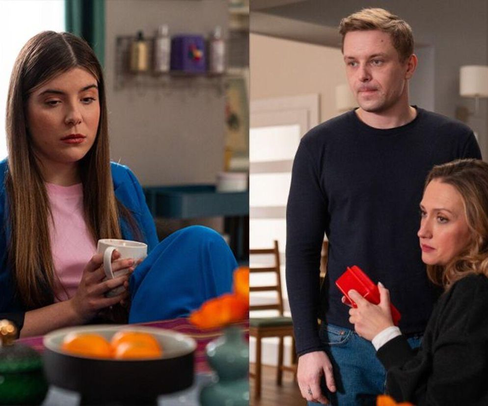 Agata (Natalia Zambrzycka) siedzi przy stole, trzymając kubek, ze smutną miną po rozstaniu z Ignacym. Obok niej Hubert (Marek Molak) i Asia (Anna Gzyra-Augustynowicz) rozmawiają, co dodatkowo dobija Agatę, o czym można przeczytać na Super Seriale.