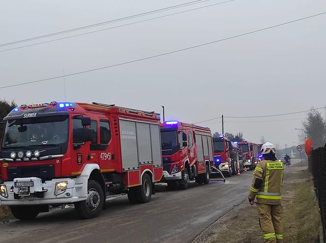 Kilkanaście wozów strażackich gasiło pożar miejscowości Kalinowy Dół 