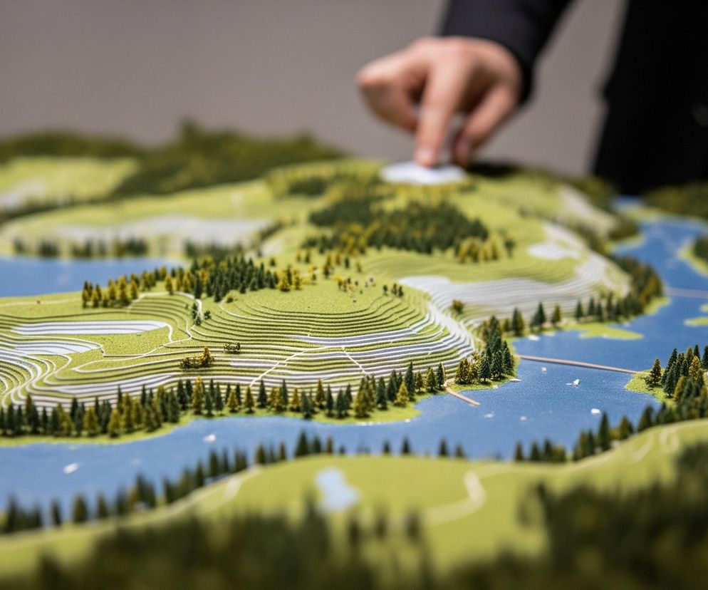 Model krajobrazu z miniaturowymi elementami naturalnymi zajmuje całe centrum kadru, prezentując zielone tereny, błękitne zbiorniki wodne oraz liczne drzewa. Na pierwszym planie, w lewym dolnym rogu, rozmyte zielone wzgórza z nielicznymi drzewami ustępują miejsca bardziej szczegółowym fragmentom z jeziorem, którego brzegi obsadzone są małymi modelami drzew iglastych i liściastych. Część terenu charakteryzuje się tarasowym ułożeniem zielonych pasów, przedzielonych jasnymi ścieżkami lub drogami, które wiją się wśród drzew i schodzą w kierunku wody.

W górnej części obrazu widoczna jest niewyraźna dłoń osoby, która dotyka jedną z części modelu, na białym, płaskim elemencie. Głębokość ostrości koncentruje się na środkowej części modelu, ukazując szczegóły takie jak miniaturowe pomosty na wodzie oraz drobne białe elementy przypominające łodzie lub boe. Całość utrzymana jest w chłodnej tonacji, z dominacją zieleni i błękitu.