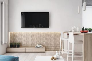 Balans między neutralnością a wyrazistością. 57-m mieszkanie z biało-drewnianą kuchnią i turkusową sofą
