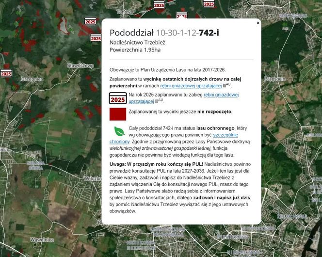 Mapa wycinki lasów 2025 - woj. zachodniopomorskie