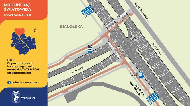 Nowe skrzyżowanie Modlińskiej i Światowida na Białołęce z listą autobusów