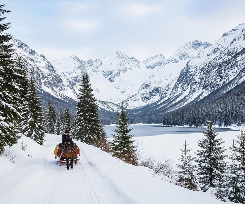 Masywny, brązowy koń z białą łysiną na czole ciągnie czerwone sanie po zaśnieżonej drodze. Na saniach siedzi osoba w ciemnej odzieży, okryta jasnym kocem. Droga, pokryta grubą warstwą śniegu, prowadzi wzdłuż zbocza góry, otoczonego gęstym lasem iglastym, którego drzewa są obficie przysypane białym puchem. Po prawej stronie widoczny jest częściowo zamarznięty zbiornik wodny, a za nim rozciąga się panorama ośnieżonych gór pod jasnym, zachmurzonym niebem.
