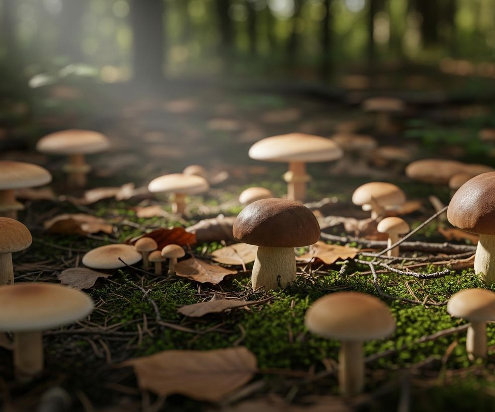 Las, pełen grzybów o brązowych kapeluszach i jasnych trzonach, rosnących na pokrytej mchem ziemi. Wiele suchych liści w odcieniach brązu i rudości leży na mchu i pomiędzy gałązkami. Promienie światła przenikają przez rozmyte w tle drzewa, oświetlając fragmenty ściółki.