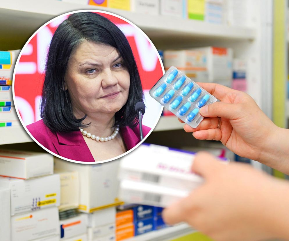 Wiceministra zdrowia Katarzyna Kacperczyk w rozmowie na temat rekordowej listy leków refundowanych. Kobieta trzymająca blister z tabletkami na tle aptecznych półek symbolizuje dostęp do nowych terapii, o których przeczytasz na Super Biznes.