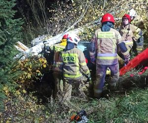 Auto wbiło się w przydrożne drzewo. Strażacy wycinali szybę piłą szablastą 