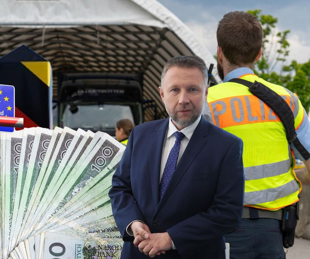 Minister Marcin Kierwiński na tle kontroli granicznych, pojazdów na przejściu oraz rozłożonych banknotów. To symbolizuje decyzję o przedłużeniu kontroli na granicach z Niemcami i Litwą, o czym przeczytasz więcej na Super Biznes.