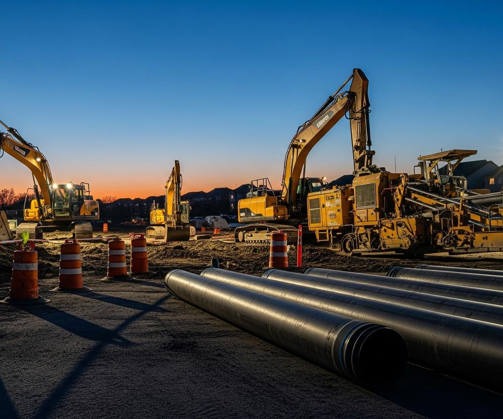 Na pierwszym planie, wzdłuż dolnej krawędzi, leży rząd czarnych rur o dużej średnicy, z których niektóre mają widoczne jasne obręcze. Dalej, na placu budowy o nierównej, ziemistej nawierzchni, stoją pomarańczowe pachołki drogowe z białymi pasami odblaskowymi. W tle, pod błękitno-pomarańczowym niebem o zachodzie słońca, widoczne są trzy żółte koparki i inne maszyny budowlane, a także rząd domów mieszkalnych po prawej stronie. Jasne światła lamp ulicznych oraz maszyn rozświetlają scenę, tworząc długie cienie na ziemi.