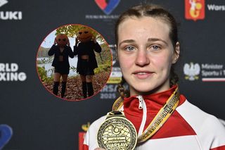 Julia Szeremeta w czarnej mini, w kozakach za kolana, z odsłoniętym brzuchem i dynią na głowie. Wicemistrzyni olimpijska zszokowała swoim strojem