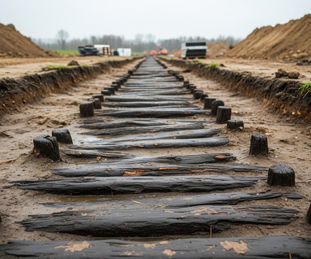 Centralną część obrazu zajmuje drewniana konstrukcja przypominająca starą, rozebraną drogę lub torowisko, biegnąca w głąb kadru. Składa się z wielu ciemnych, podłużnych desek lub belek ułożonych równolegle do siebie, poprzecinanych krótszymi, pionowo wbitymi drewnianymi palami, wystającymi z ziemi. Całość jest osadzona w błotnistym, piaszczystym gruncie w odcieniach brązu i beżu, z widocznymi kałużami wody i fragmentami mokrego piasku. Po obu stronach drewnianej konstrukcji widoczne są wykopane, brązowe skarpy ziemi, a za nimi, w tle, ciągną się wysokie pryzmy ziemi o piaskowym kolorze. Na horyzoncie, pod zachmurzonym niebem, majaczą niewyraźne sylwetki drzew i kilka obiektów przemysłowych, w tym pomarańczowy sprzęt budowlany.