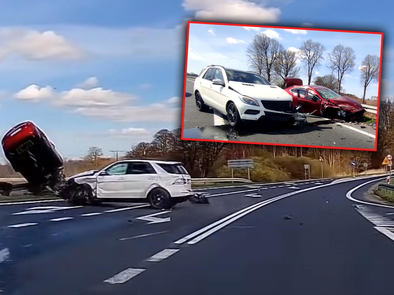 Co za MASAKRA! Mazda wyleciała w POWIETRZE. Kierowca SUV-a pierwszeństwo miał w nosie - WIDEO