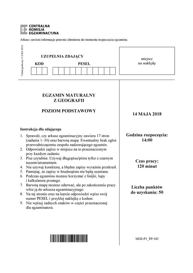 Matura 2018 - Geografia poziom podstawowy. Arkusze egzaminacyjne, stara matura