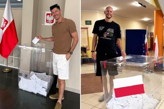 Robert Lewandowski oddał głos w wyborach prezydenckich. W tle godło przyklejone na bezbarwną taśmę