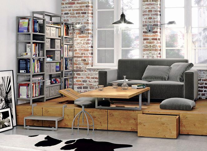 Wnętrza z podestami i podłogą na różnych poziomach