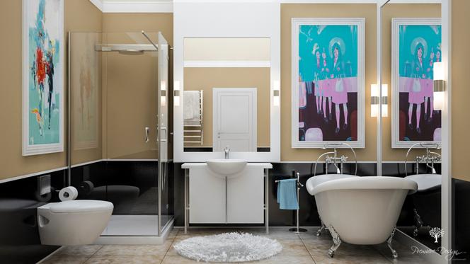 Projekt wnętrz stylowa łazienka z dziełami sztuki