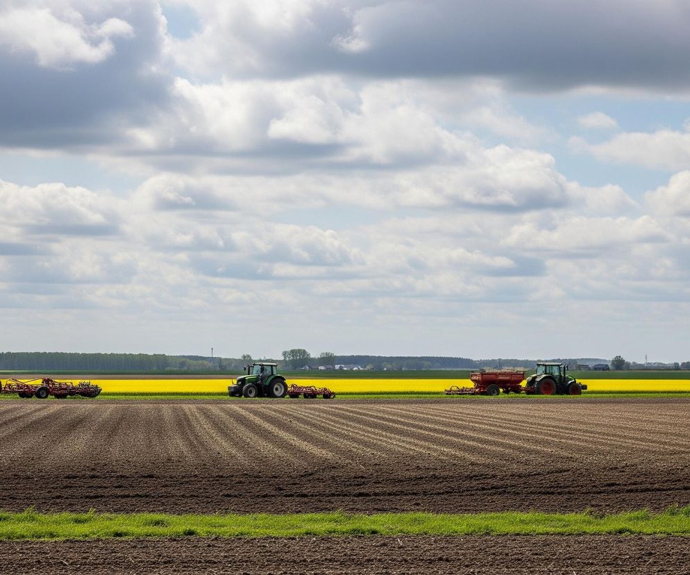 Trzy traktory, dwa zielone i jeden ciemny z pomarańczowymi elementami, jadą w prawo na tle rozległego pola. Wszystkie ciągniki mają podłączone czerwone maszyny rolnicze, a za ostatnim z nich widoczna jest również ciemnoczerwona przyczepa z żółtym ładunkiem. Na pierwszym planie rozciąga się brązowe, zaorane pole z wyraźnymi bruzdami, a wzdłuż dolnej krawędzi obrazu biegnie pas zielonej trawy. W tle widoczne są szerokie pasy intensywnie żółtych, kwitnących pól, za którymi rozciągają się zielone drzewa i krzewy oraz pojedyncze budynki. Całość jest pod jasnym, częściowo zachmurzonym niebem z licznymi białymi i szarymi chmurami.