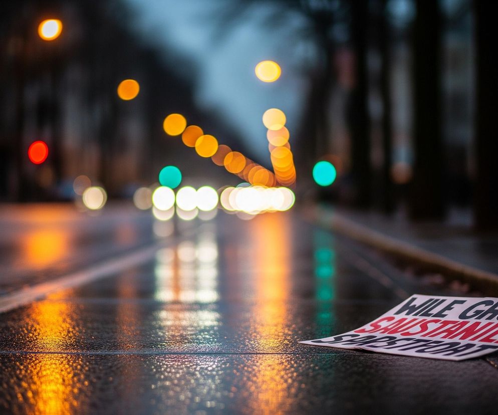 Na pierwszym planie, po prawej stronie leży kartka papieru z napisem w dwóch kolorach: WILE GHORT napisane czarnymi literami i SAUSTANIEE SRESPORT napisanym czerwonymi literami, lekko pofalowana na krawędziach. Kartka spoczywa na mokrej, ciemnej powierzchni asfaltu, która odbija światła uliczne, tworząc pomarańczowe i białe smugi. Na dalszym planie, wzdłuż ulicy, widać rozmyte, okrągłe światła miejskie w kolorach pomarańczowym, czerwonym i turkusowym, sugerujące miejski krajobraz nocą lub o zmierzchu.