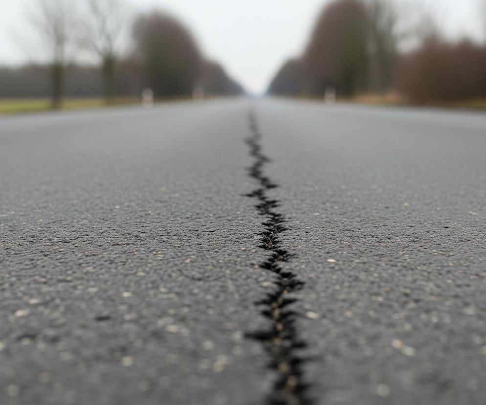Czarna nawierzchnia asfaltowa dominuje kadr, z wyraźnym, nieregularnym pęknięciem biegnącym od dołu zdjęcia, centralnie, w kierunku horyzontu. Po lewej stronie, w oddali, widoczny jest niewyraźny słupek drogowy w biało-czerwone pasy, obok zielonego pobocza. Tło jest rozmyte, przedstawiając szereg drzew ogołoconych z liści oraz szare, pochmurne niebo.