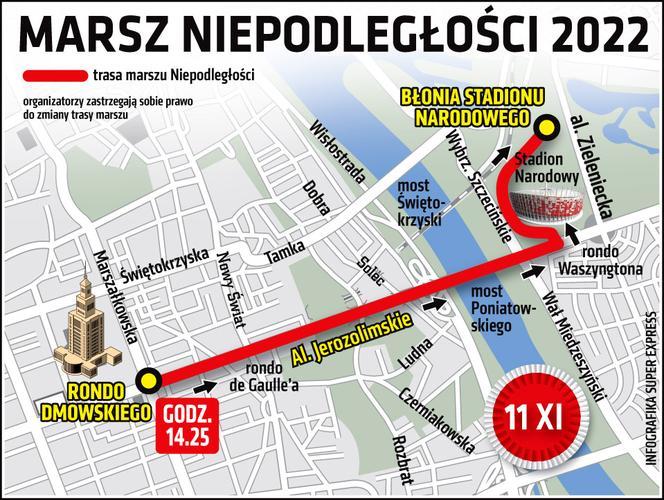Marsz Niepodległości 2022 w Warszawie. Mapa przemarszu