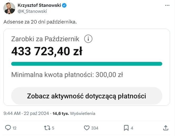 Zarobki Krzysztofa Stanowskiego - październik 2024