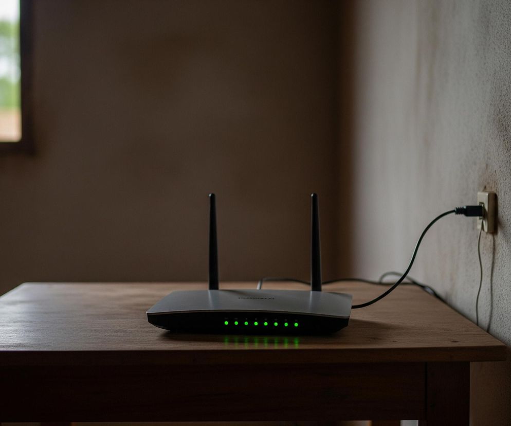 Na pierwszym planie, centralnie, stoi szary router z dwoma czarnymi antenami i siedmioma świecącymi zielonymi diodami na przednim panelu. Router leży na brązowym, drewnianym stole, którego blat ma widoczną fakturę drewna, a nogi stołu są ciemne. Z prawej strony routera wychodzi czarny kabel, który prowadzi do beżowego gniazdka elektrycznego w ścianie, umieszczonego nieco powyżej blatu stołu. Ściana za stołem jest w odcieniu beżu lub jasnego brązu, z widocznymi nierównościami i teksturą, rozświetlona mocniej po prawej stronie. Po lewej stronie obrazu, w tle, widoczne jest niewyraźne okno z ciemną ramą, przez które wpada delikatne światło, ukazując zamazany zielony krajobraz na zewnątrz.