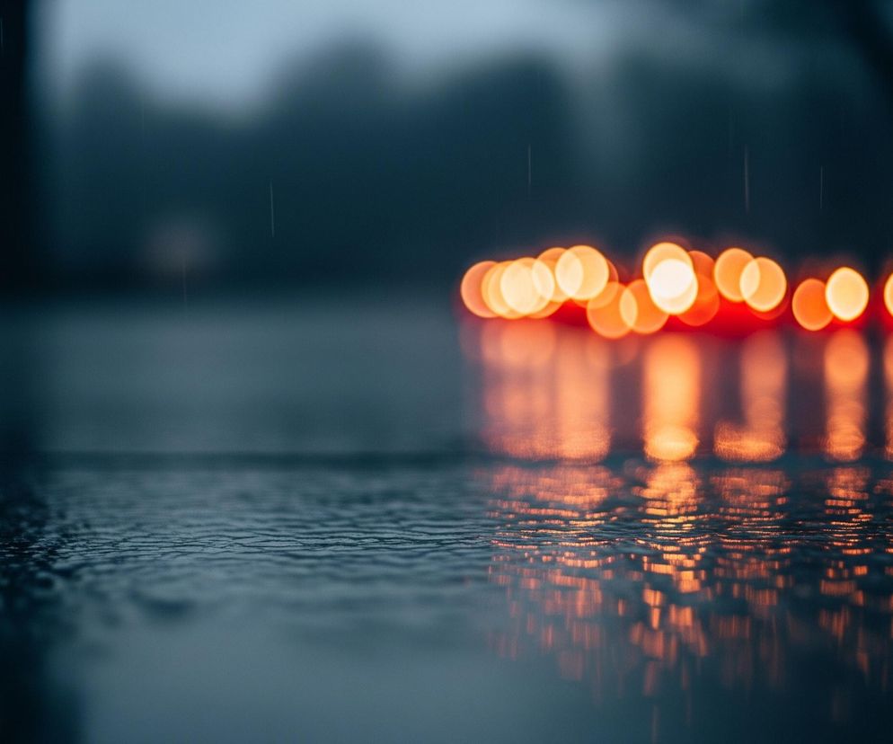 Na pierwszym planie widoczne są drobne fale na ciemnoniebieskiej, odbijającej światło powierzchni wody lub mokrego podłoża. W tle, na linii horyzontu, rozmieszczone są liczne, rozmyte, jaskrawo pomarańczowe i żółte punkty światła, które odbijają się w wodzie jako podłużne, falujące smugi. Otoczenie jest ciemne i niewyraźne, sugerując noc lub zmierzch.