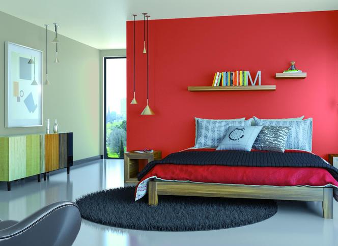 Nowoczesna sypialnia z czerwoną ścianą