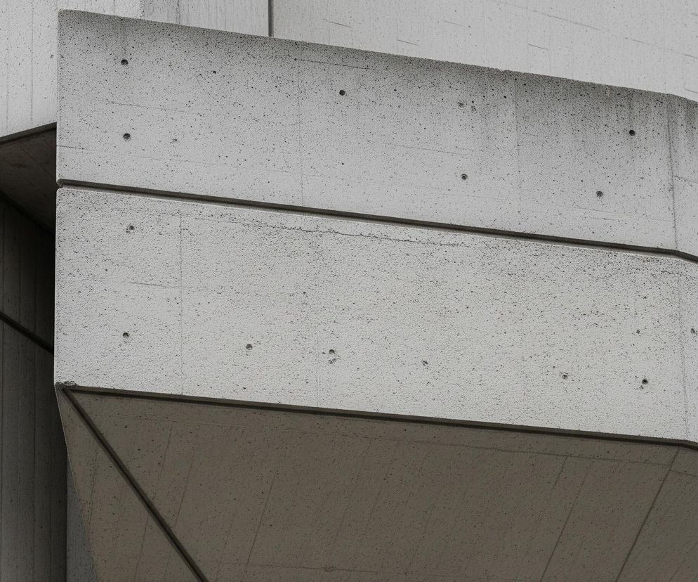 Fragment szarej, betonowej konstrukcji architektonicznej, charakteryzującej się ostrymi kątami i geometrycznymi kształtami. Dominują tu odcienie szarości, od jasnych, niemal białych partii, po ciemniejsze, znajdujące się w cieniu. Powierzchnie betonu są porowate, z widocznymi licznymi małymi czarnymi plamkami i okrągłymi otworami po szalunkach. Widoczne są poziome linie, które dzielą betonowe bloki oraz ukośne linie tworzące trójkątne płaszczyzny w dolnej części obrazu. Na niektórych fragmentach betonu, zwłaszcza w górnej części, widać pionowe ślady zacieków.