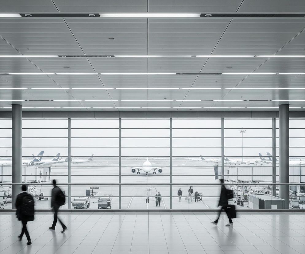 Wnętrze przestronnego, nowoczesnego lotniska ukazuje dużą panoramiczną szybę, za którą widać płytę lotniska z kilkoma zaparkowanymi samolotami. Centralnie na płycie stoi biały samolot pasażerski, a za nim widoczne są inne maszyny. Wzdłuż okna, po lewej stronie, znajduje się czarny znak informacyjny z białymi napisami i ikonami. Po prawej stronie, na szarym słupie, wisi podobny znak ze strzałką w górę.

Wewnątrz budynku, na jasnej, kafelkowanej podłodze, przemieszczają się rozmyte sylwetki ludzi, co sugeruje ruch. Ciemnoszare słupy wspierają sufit, który jest podzielony na prostokątne panele z podłużnymi, jasno świecącymi lampami. Kolorystyka obrazu utrzymana jest w odcieniach szarości, bieli i czerni, nadając mu surowy, nowoczesny charakter.